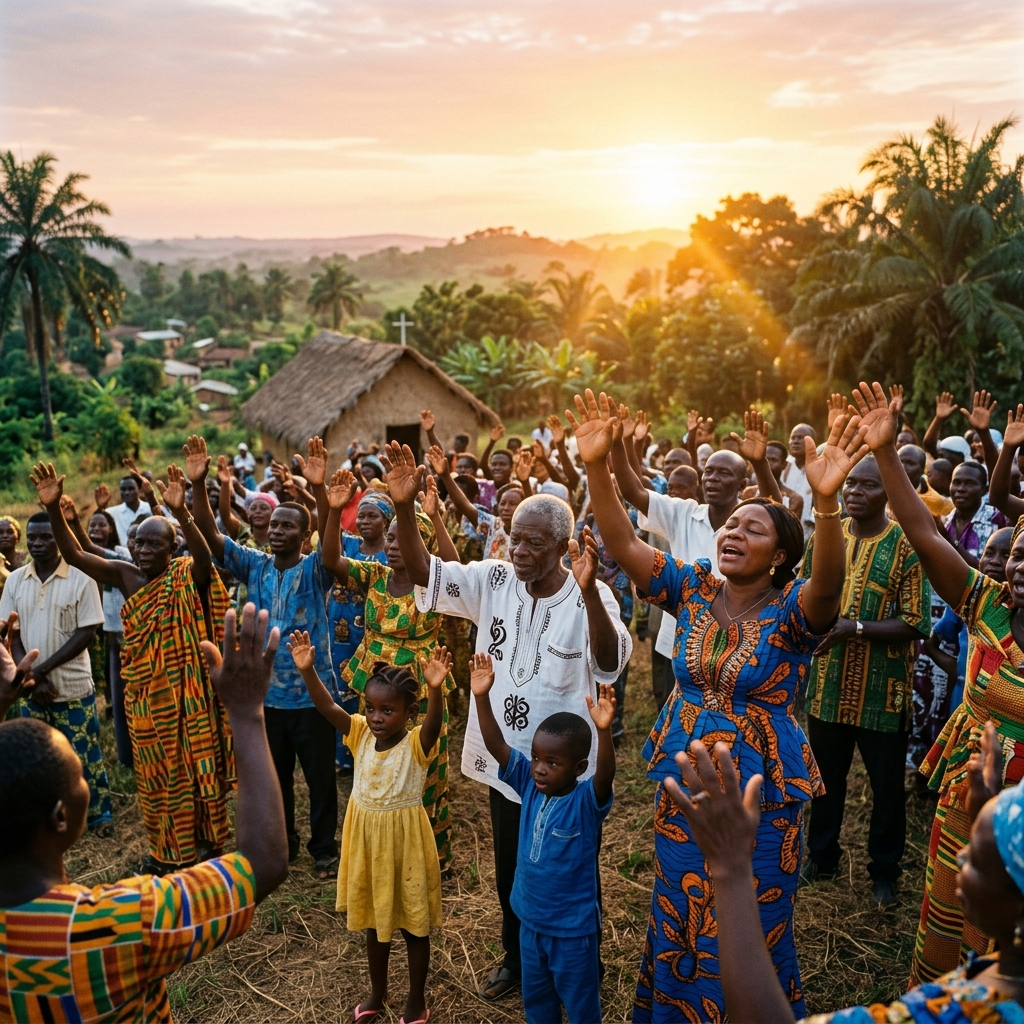 Communauté chrétienne en prière au coucher du soleil en Côte d'Ivoire