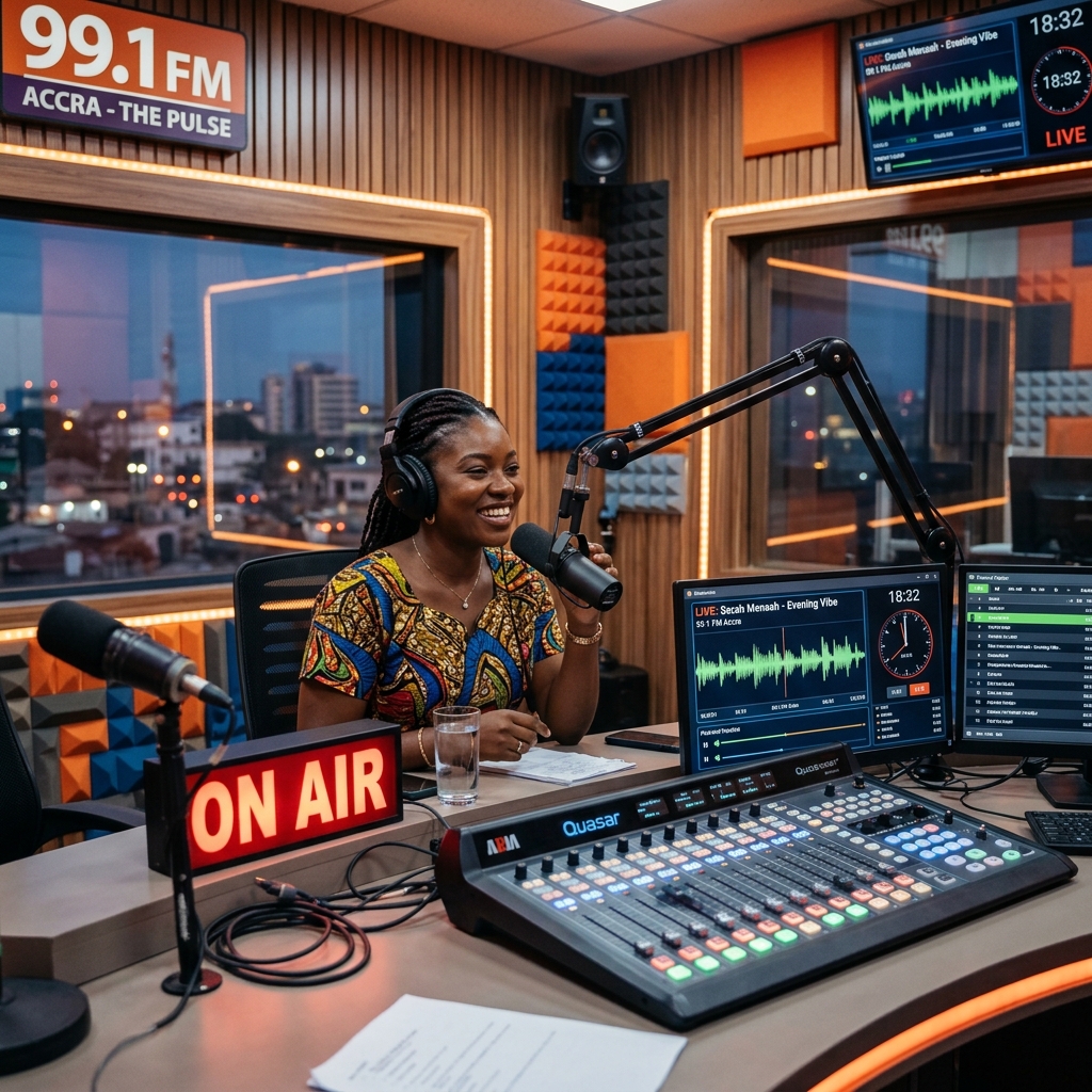 Studio d'enregistrement professionnel de Radio Fréquence Vie avec animatrice